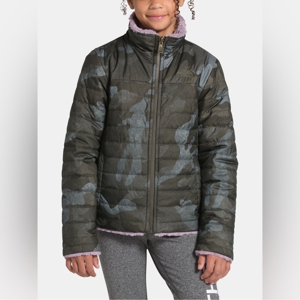 The North Face Girls Reversible Mossbud Swirl Jacket Taupe Green/Camo Size XL/18